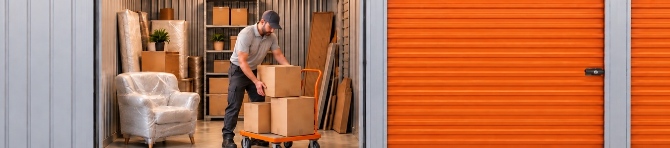 Un professionnel range des meubles et des cartons dans un garde-meuble